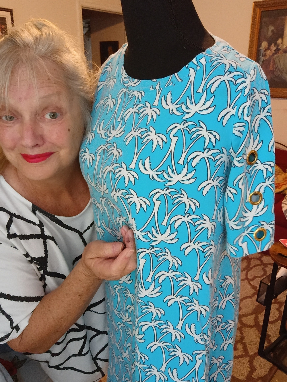 crown & ivy Turquoise Palm-Print Short Sleeve Dress Rivets Sleeves Extra Small - Picture 3 of 7